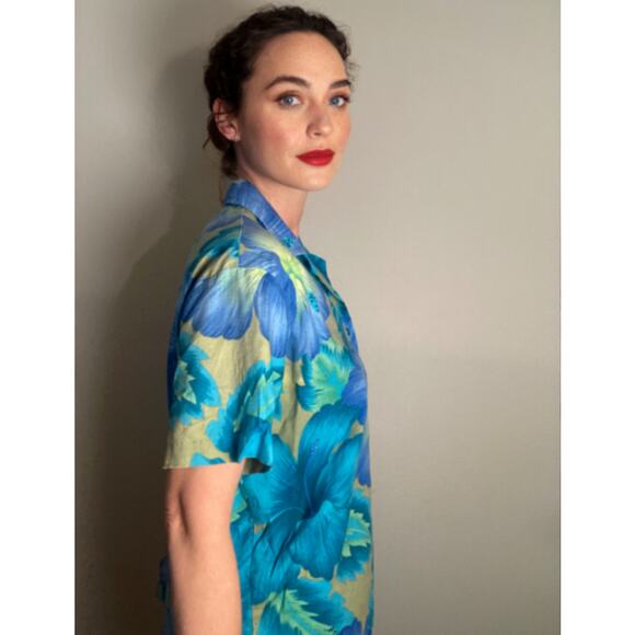 Hilo Hattie Hawaiian Shirt Blue & Green Cotton Tropical Palms ~ Sz M - Picture 2 of 7